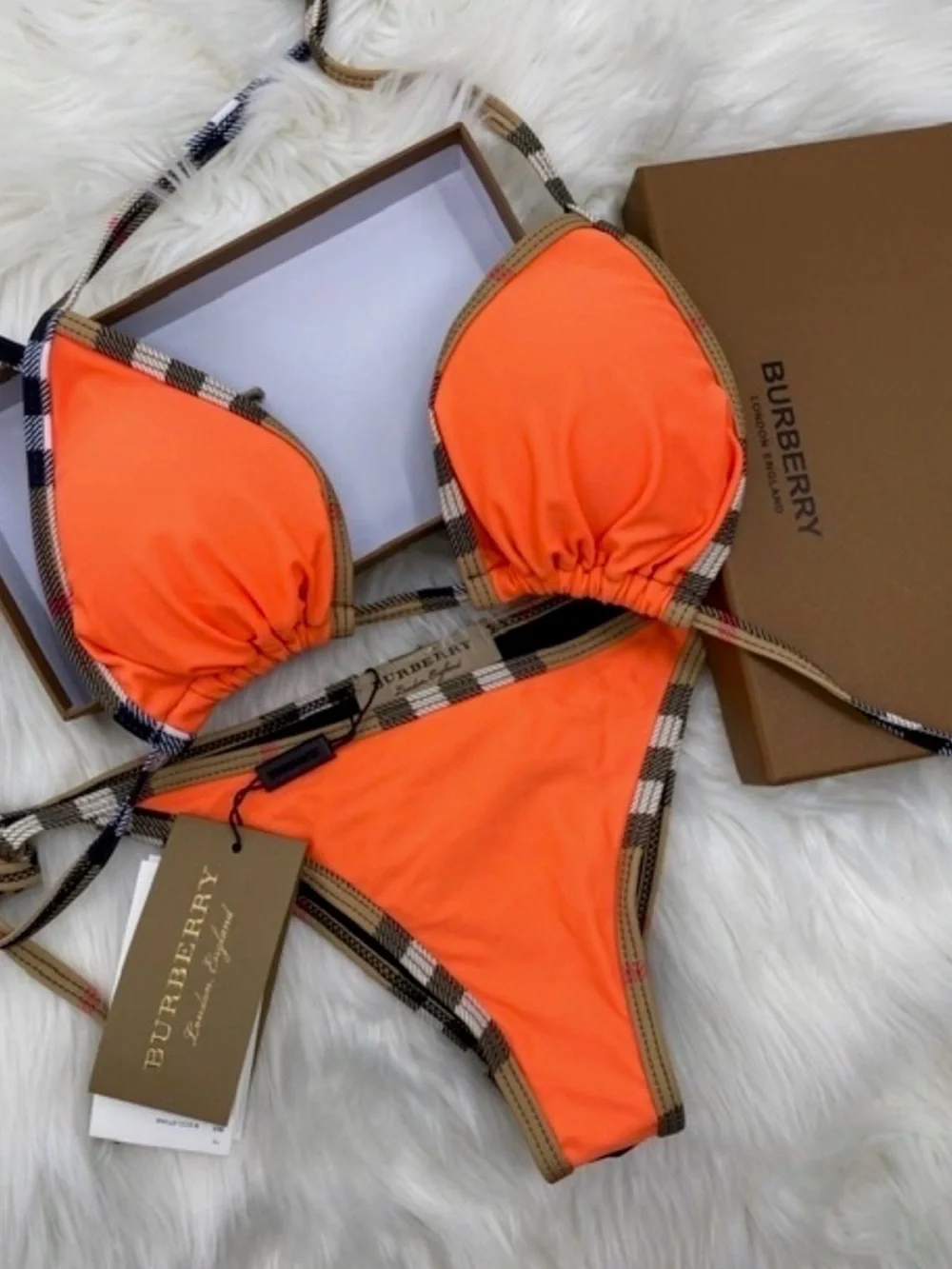 Orange Check-Trim Triangle Bikini Set
